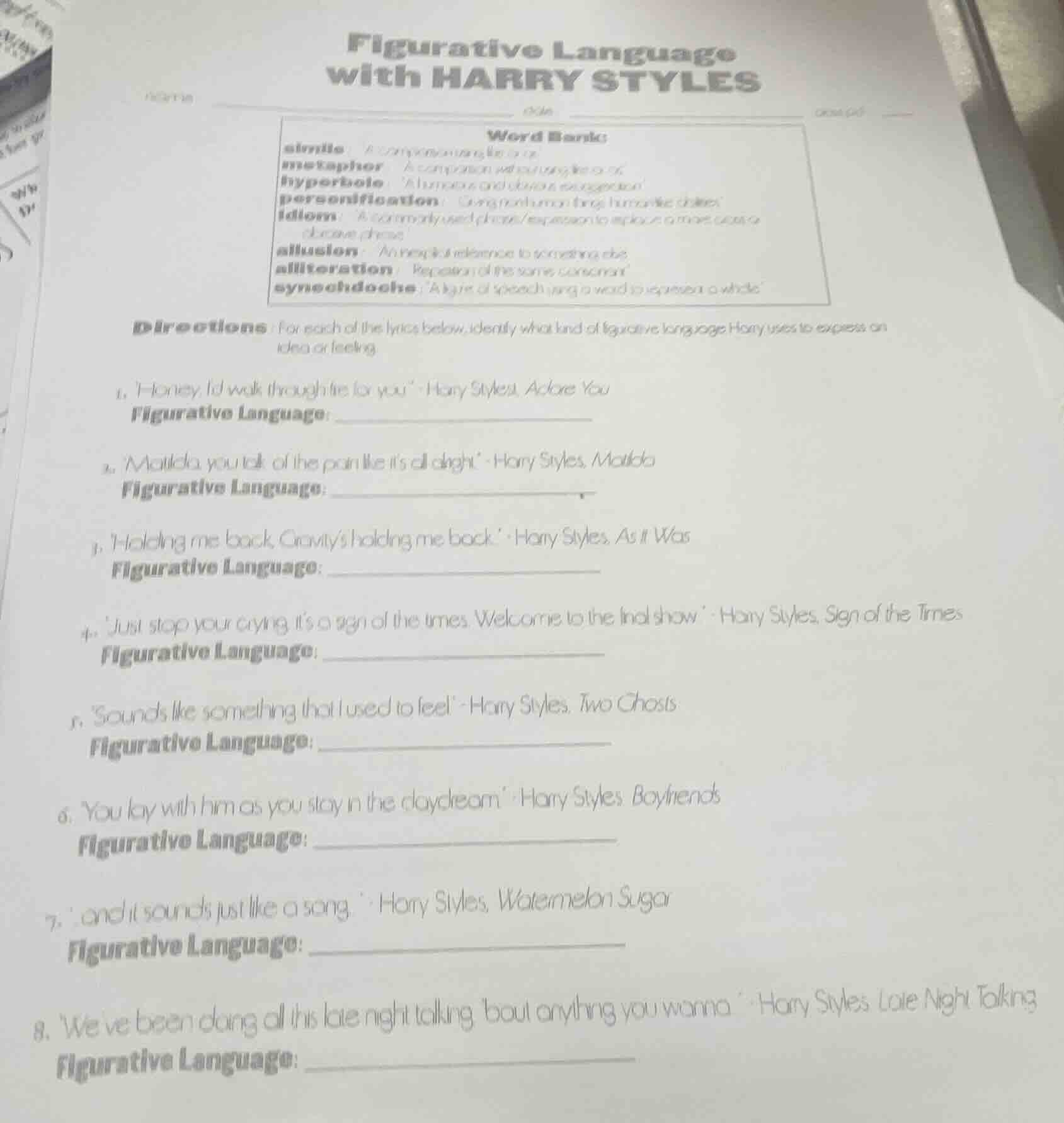 figurative language with harry styles word bank: simile: a comparison u…