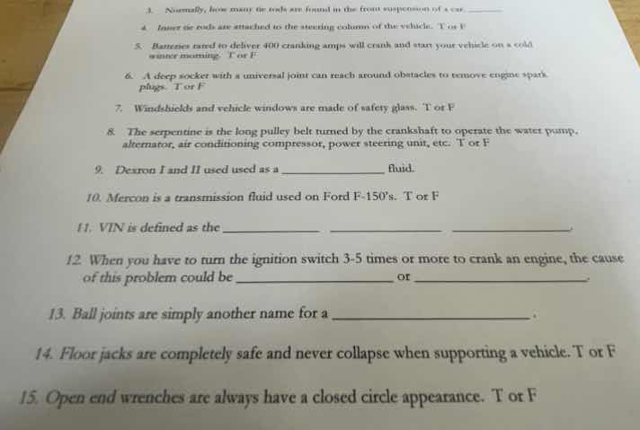 3. normally, how many tie rods are found in the front suspension of a c…