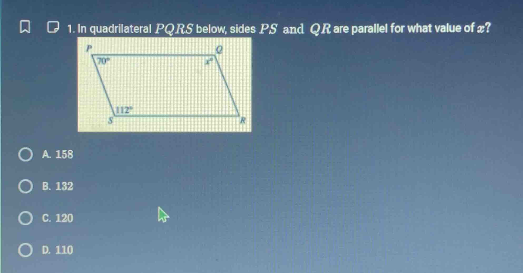 1. in quadrilateral pqrs below, sides ps and qr are parallel for what v…