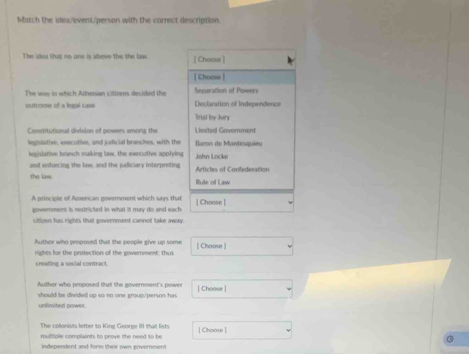 match the idea/event/person with the correct description the idea that …