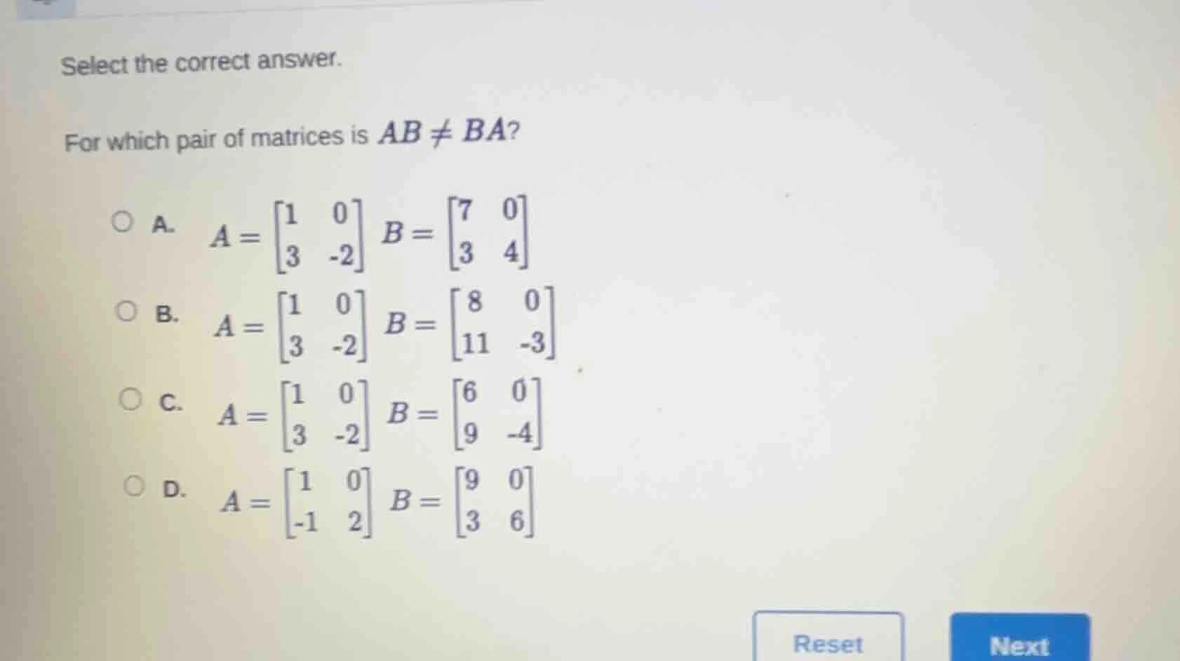 select the correct answer. for which pair of matrices is $ab \ eq ba$ \…