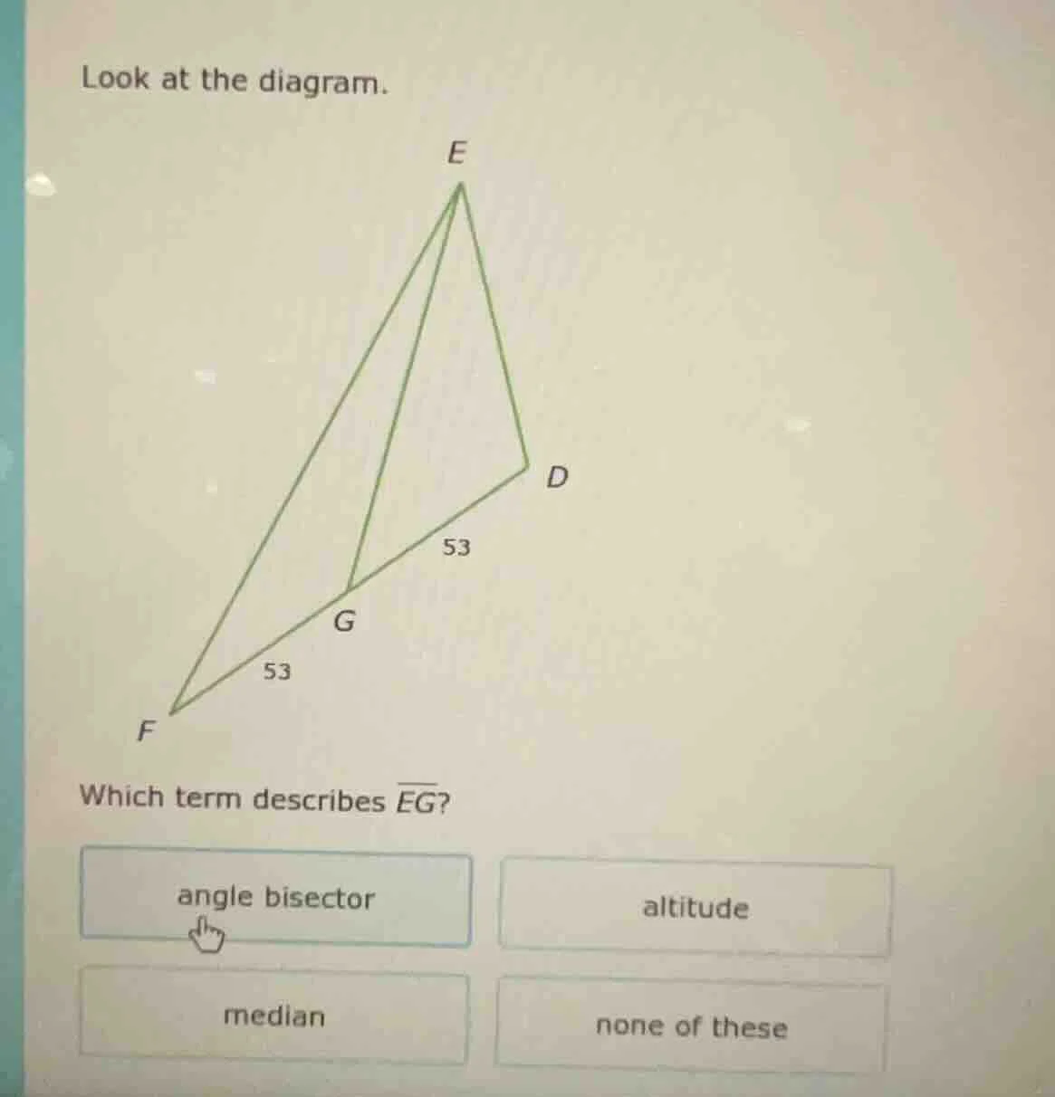 look at the diagram. which term describes \\(\\overline{eg}\\)? options…