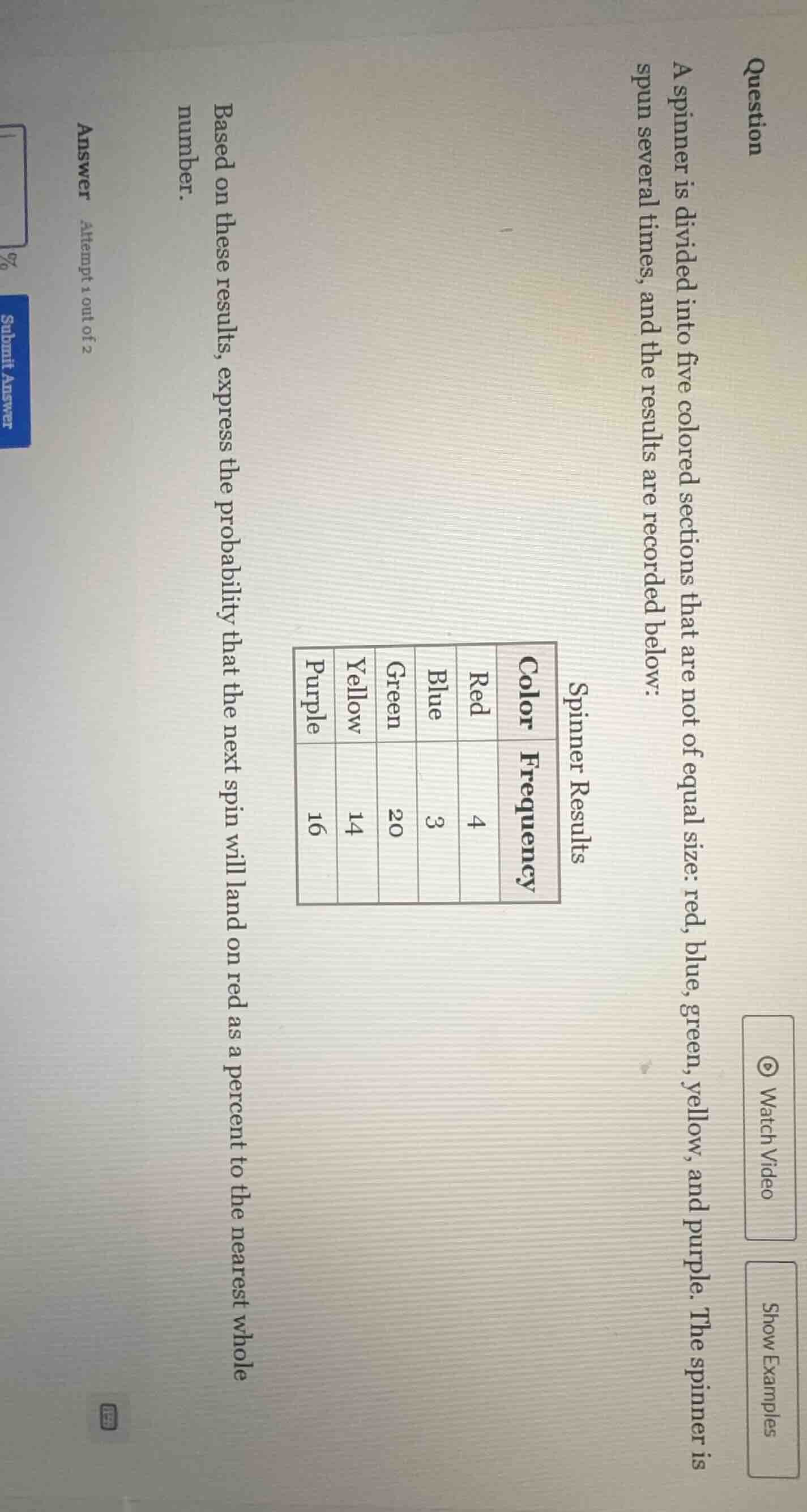 question a spinner is divided into five colored sections that are not o…