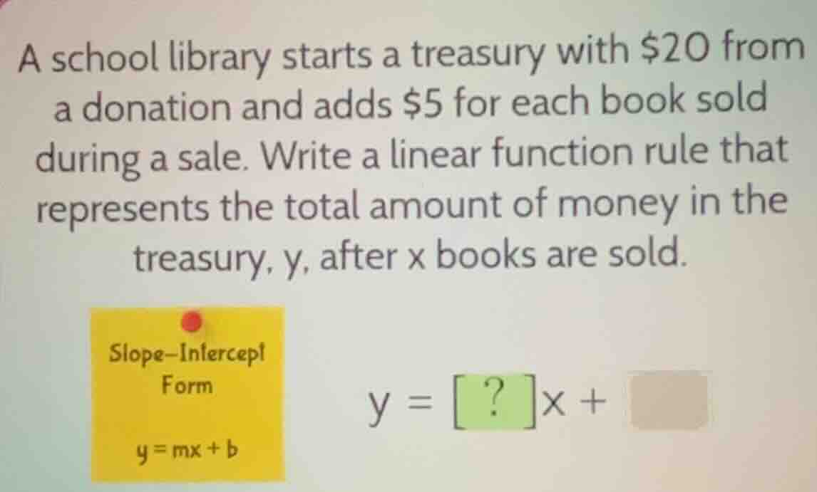 a school library starts a treasury with $20 from a donation and adds $5…