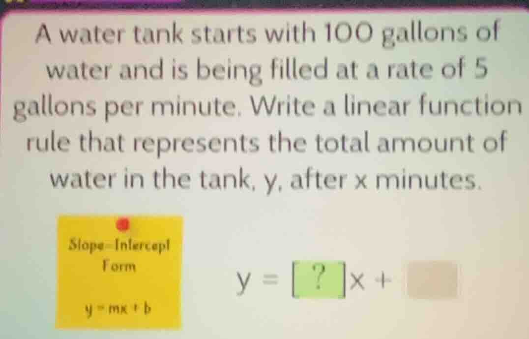 a water tank starts with 100 gallons of water and is being filled at a …