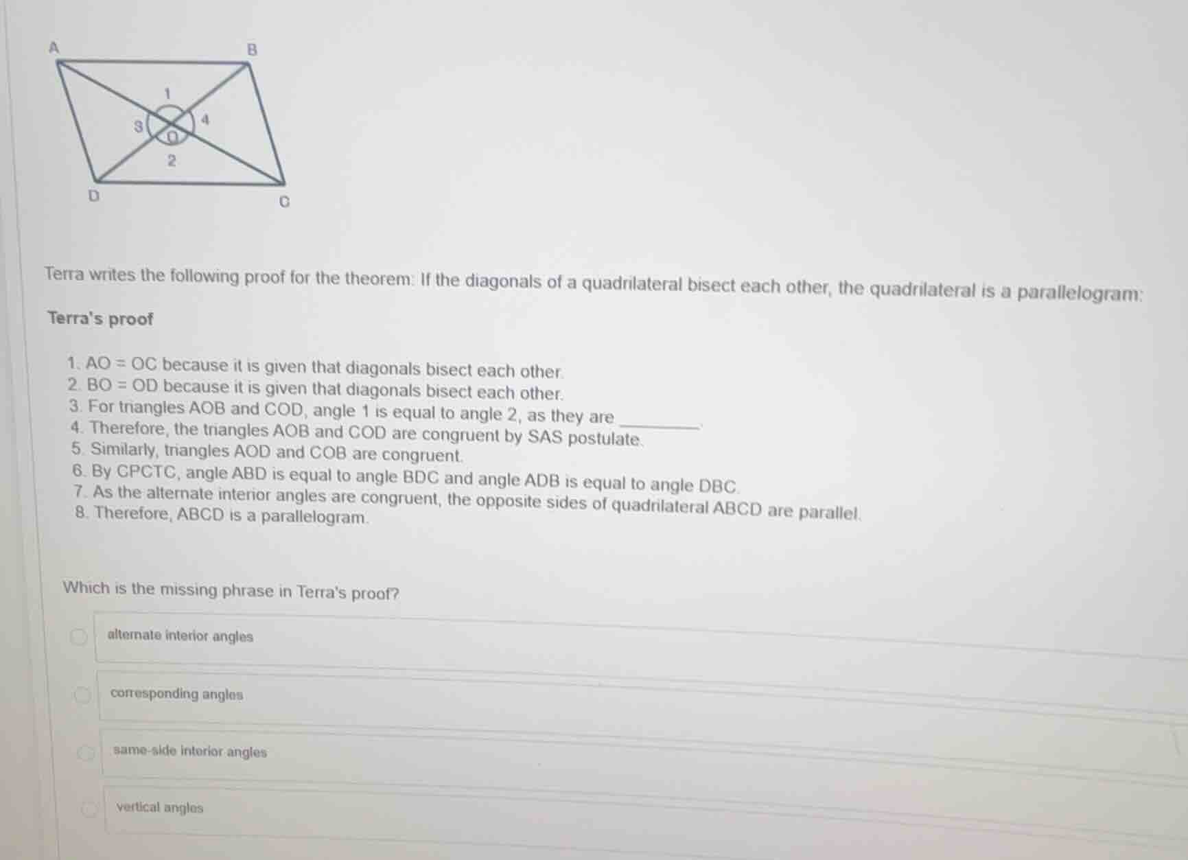 terra writes the following proof for the theorem: if the diagonals of a…