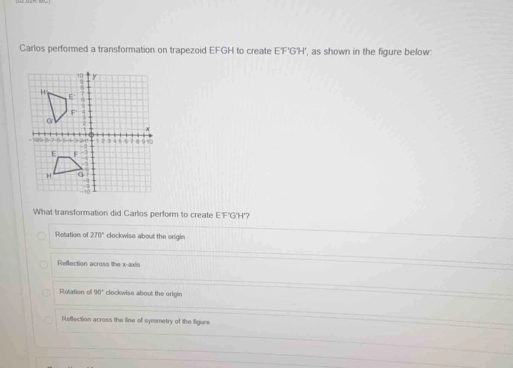 carlos performed a transformation on trapezoid efgh to create efgh, as …