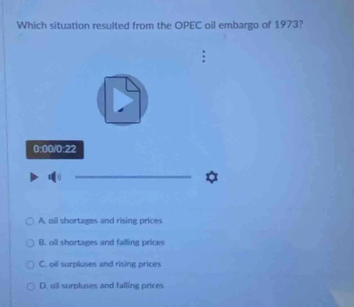 which situation resulted from the opec oil embargo of 1973? a. oil shor…