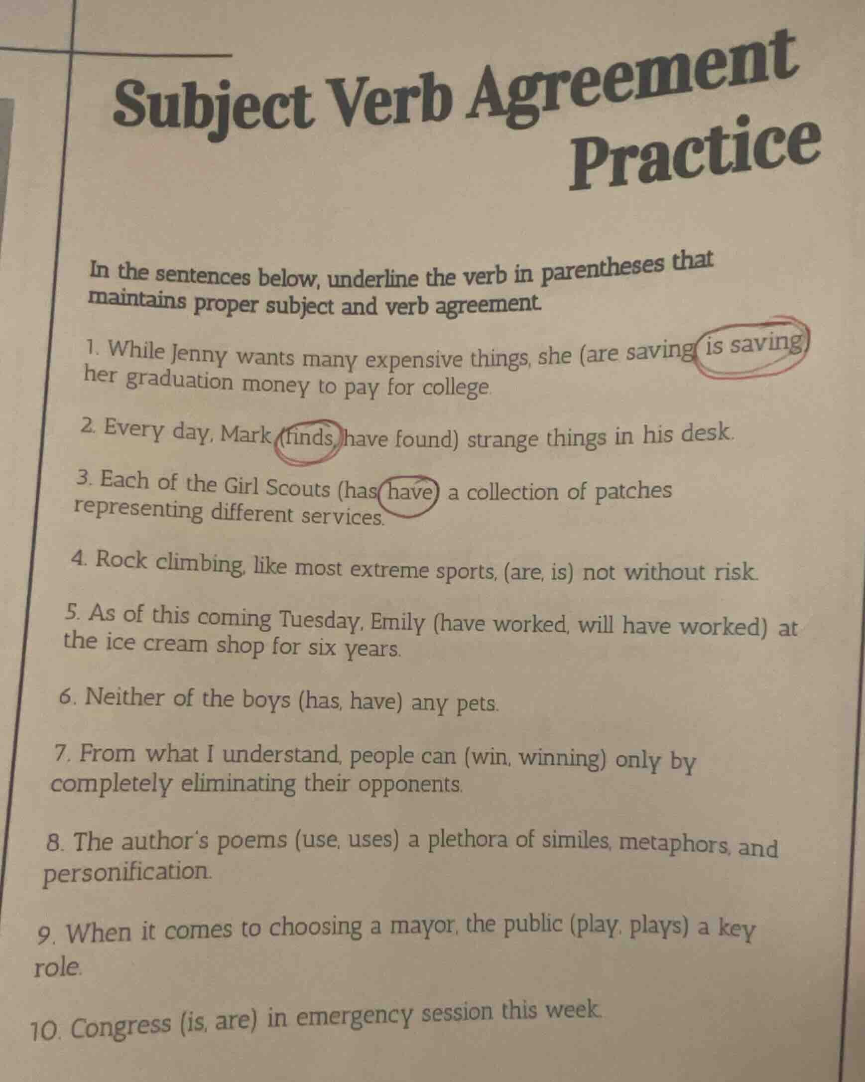 subject verb agreement practice in the sentences below, underline the v…