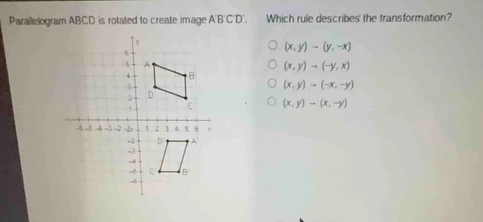 parallelogram abcd is rotated to create image abcd. which rule describe…