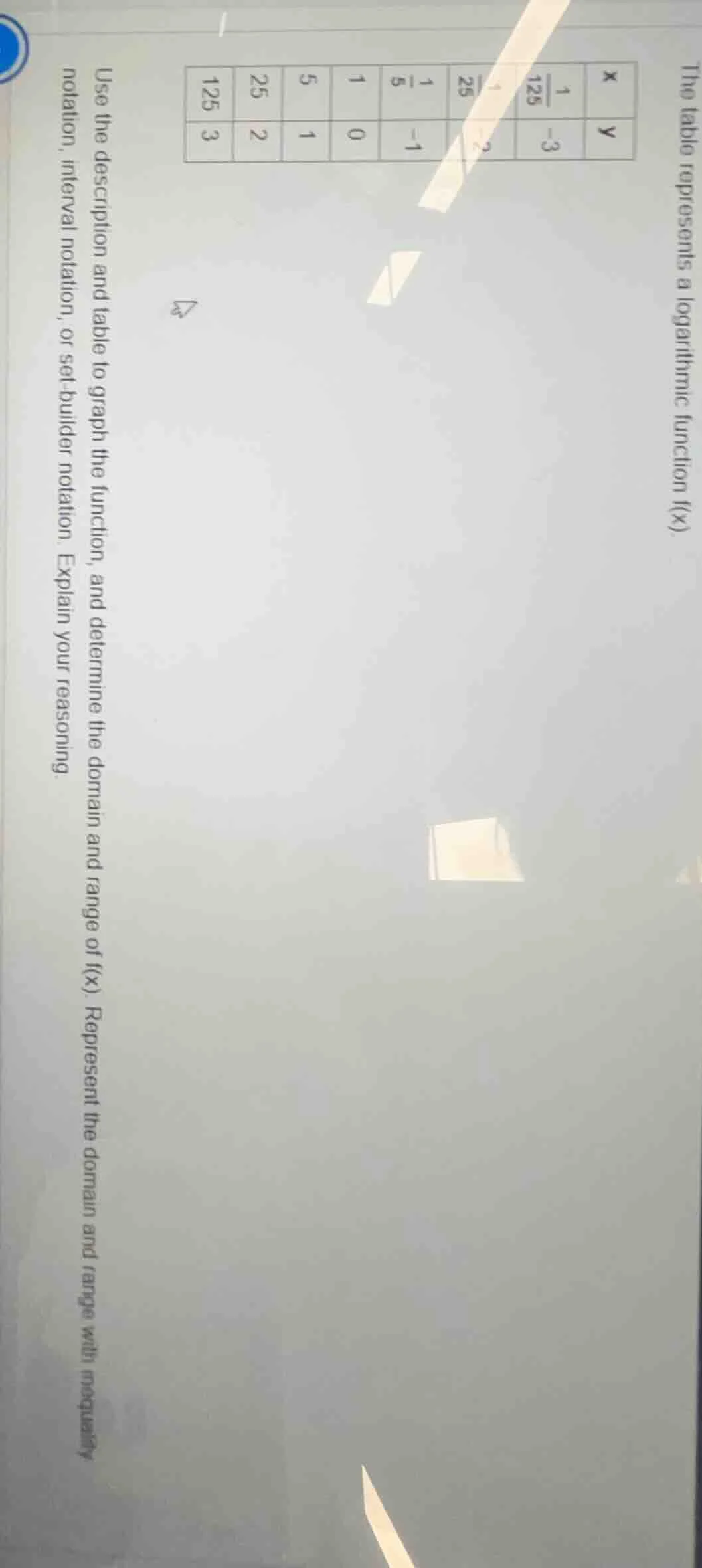 the table represents a logarithmic function f(x). | x | \\(\\frac{1}{12…