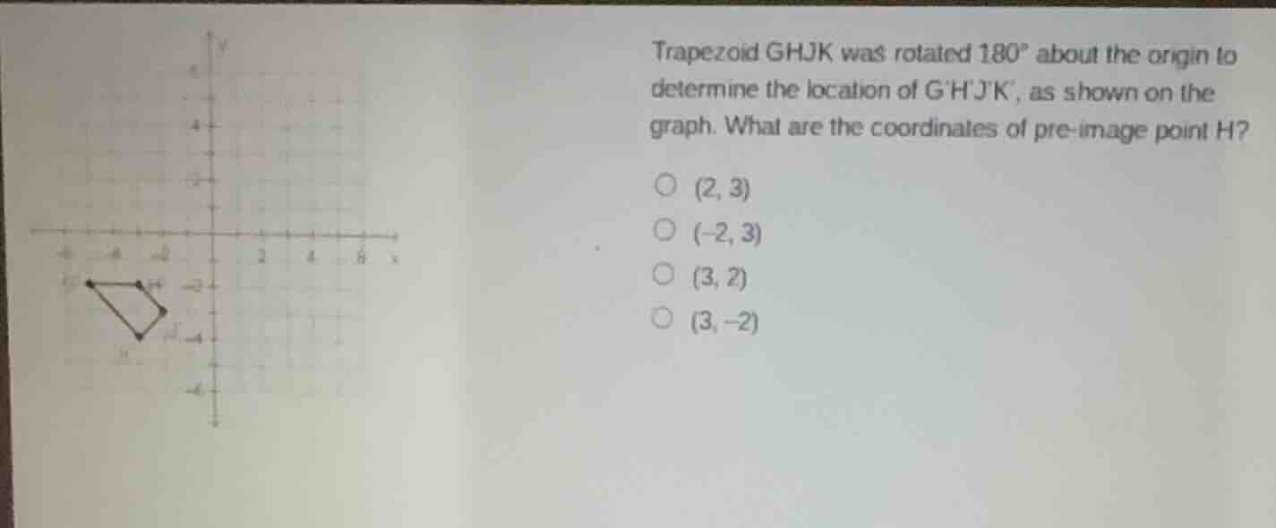 trapezoid g h j k was rotated 180° about the origin to determine the lo…