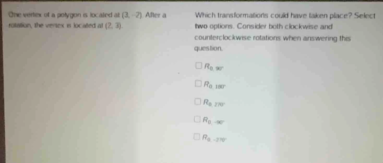 one vertex of a polygon is located at (3, -2). after a rotation, the ve…
