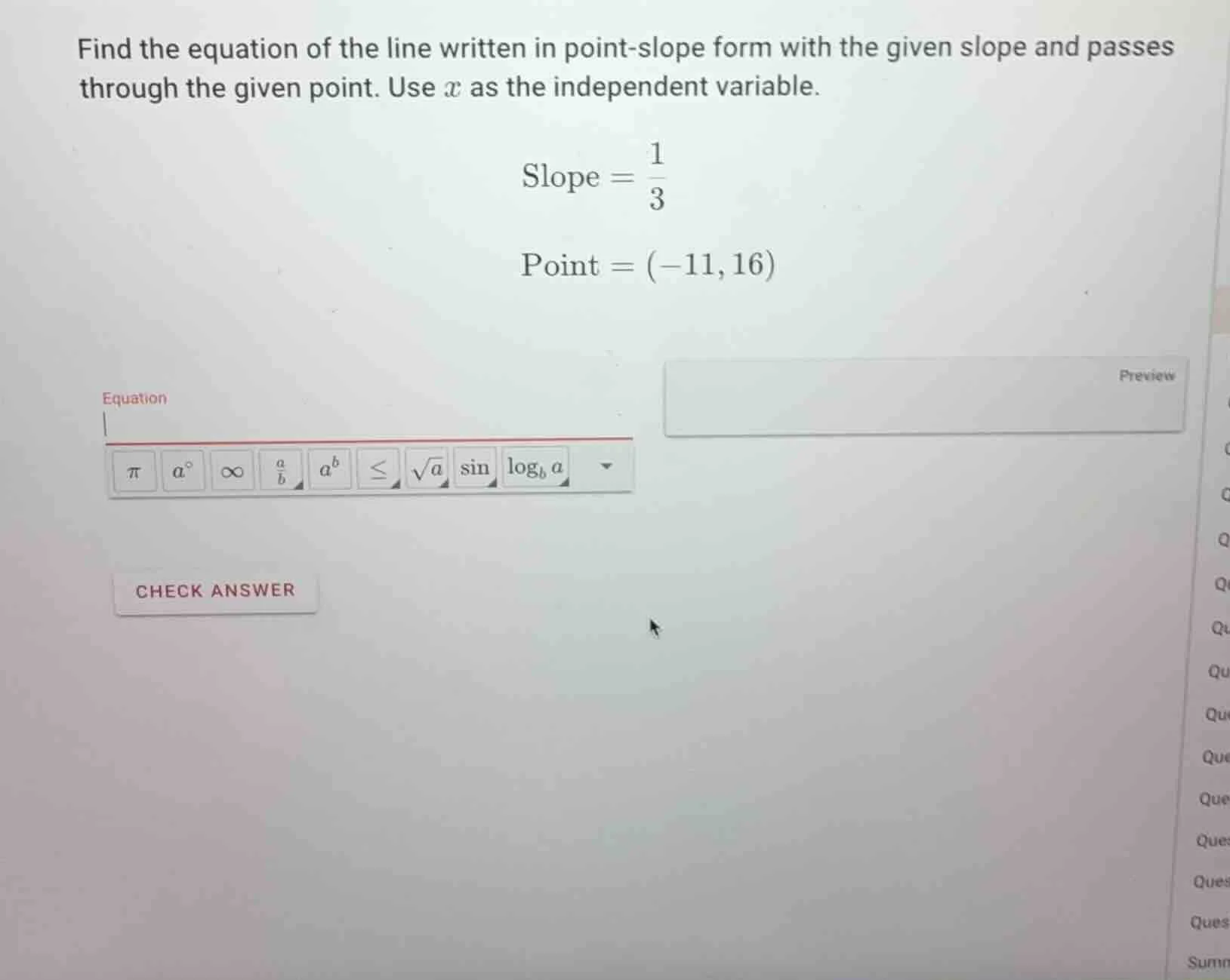 find the equation of the line written in point - slope form with the gi…