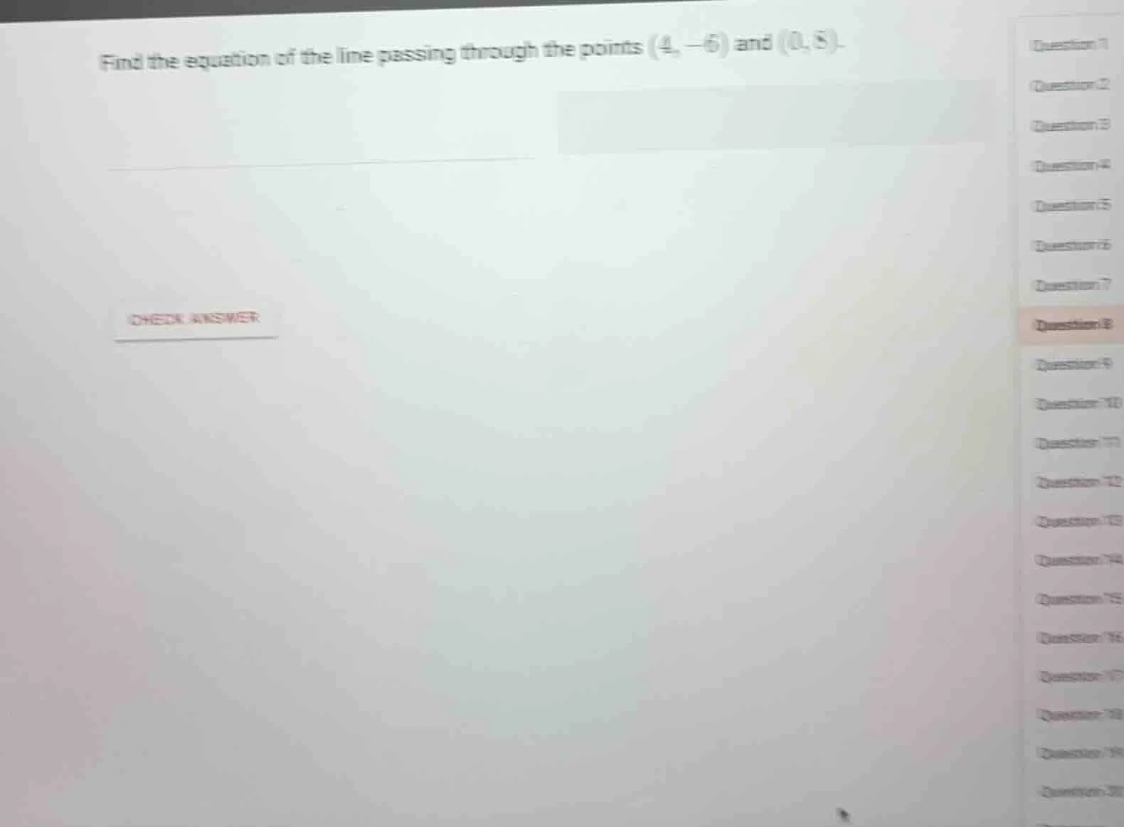 find the equation of the line passing through the points (4, -6) and (0…