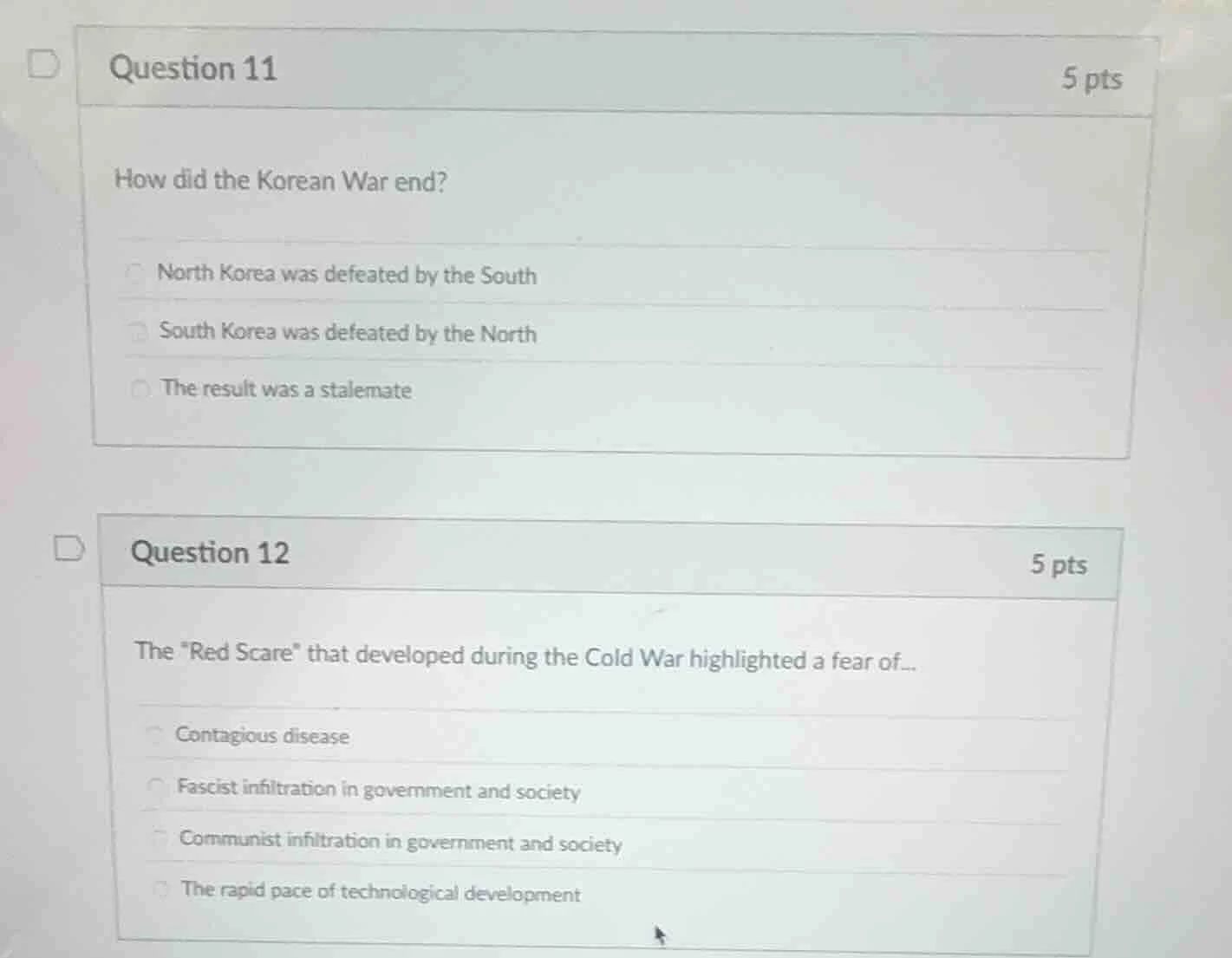 question 11 5 pts how did the korean war end? north korea was defeated …