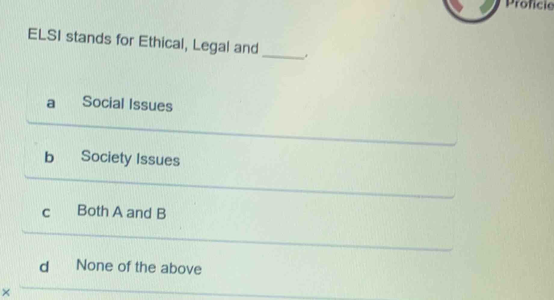 elsi stands for ethical, legal and ______. a social issues b society is…