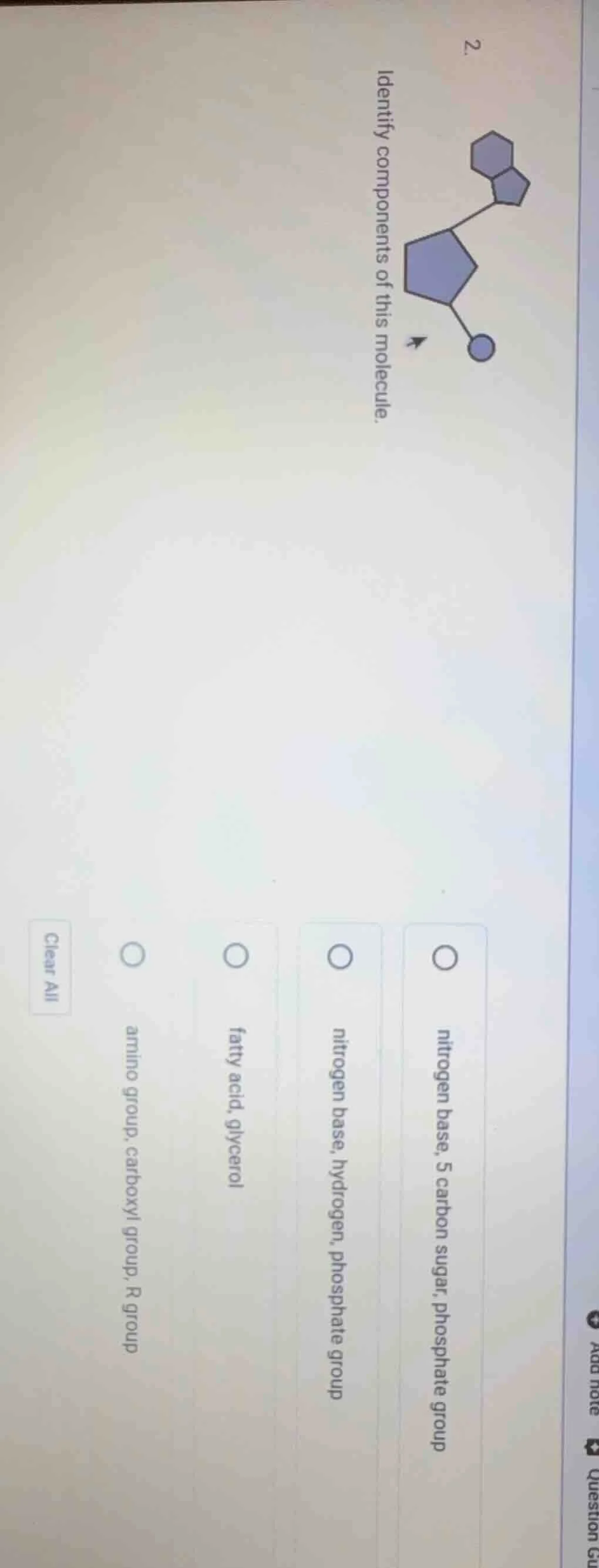 2. identify components of this molecule. options: nitrogen base, 5 carb…