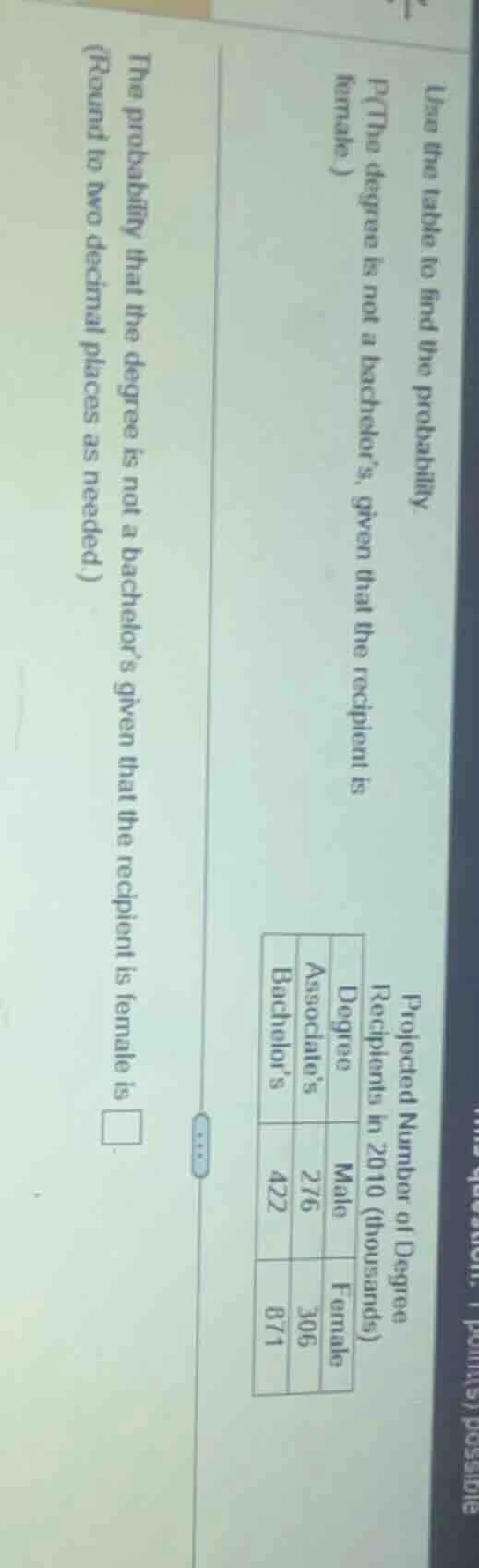use the table to find the probability p(the degree is not a bachelor’s,…