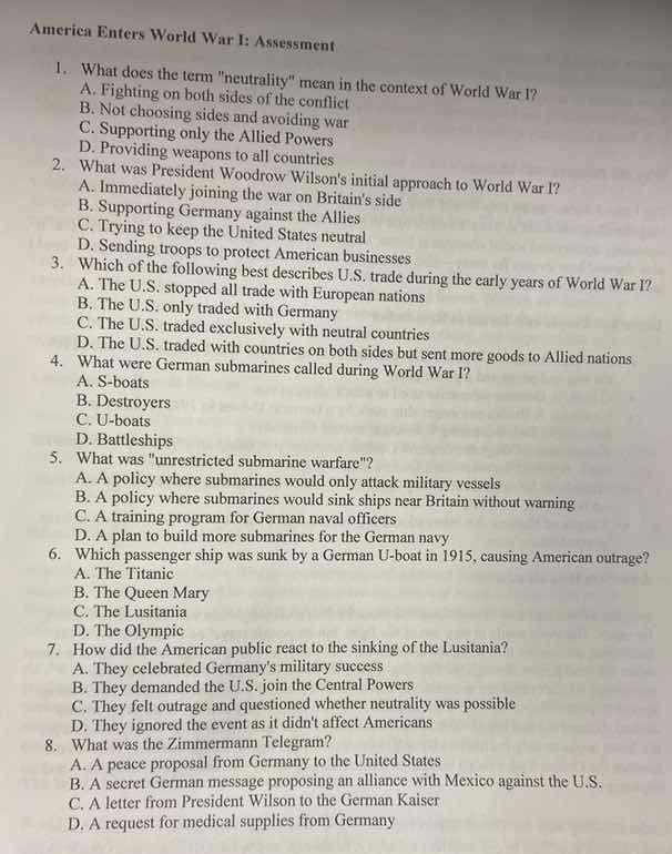 america enters world war i: assessment 1. what does the term eutrality\…