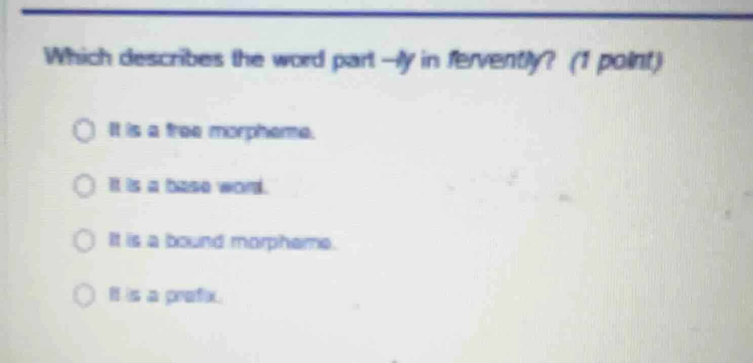 which describes the word part -ly in fervently? (1 point) it is a free …