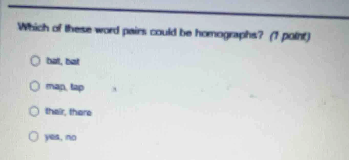 which of these word pairs could be homographs? (1 point) ball, bat map,…