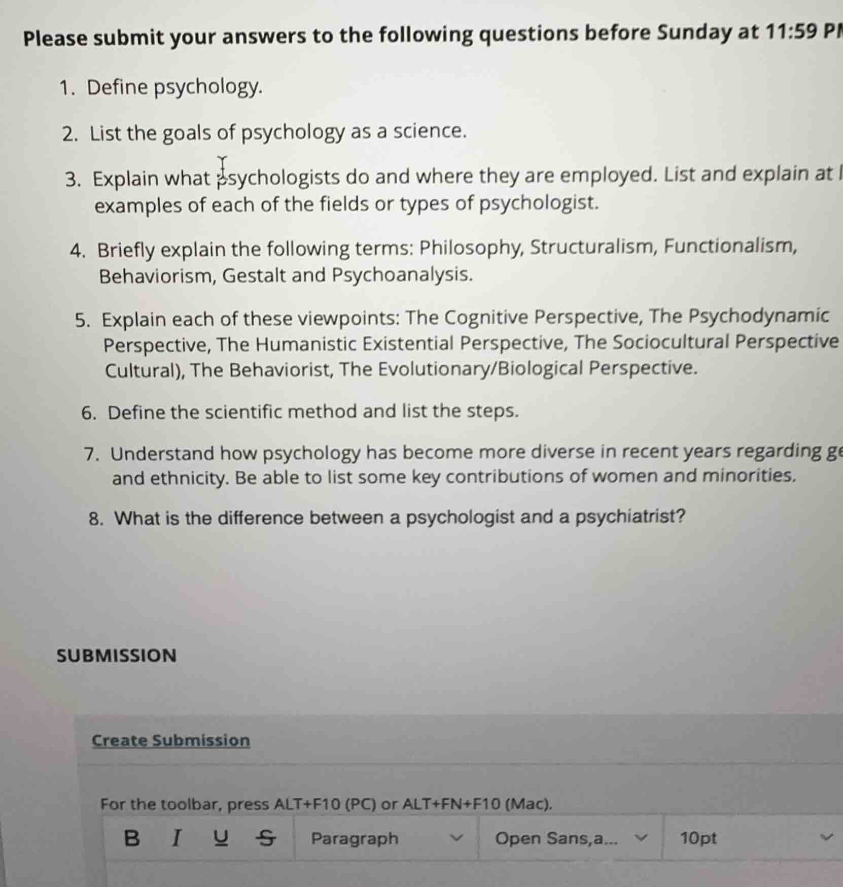please submit your answers to the following questions before sunday at …