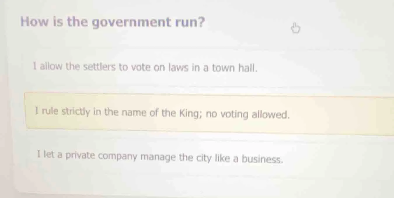 how is the government run? i allow the settlers to vote on laws in a to…