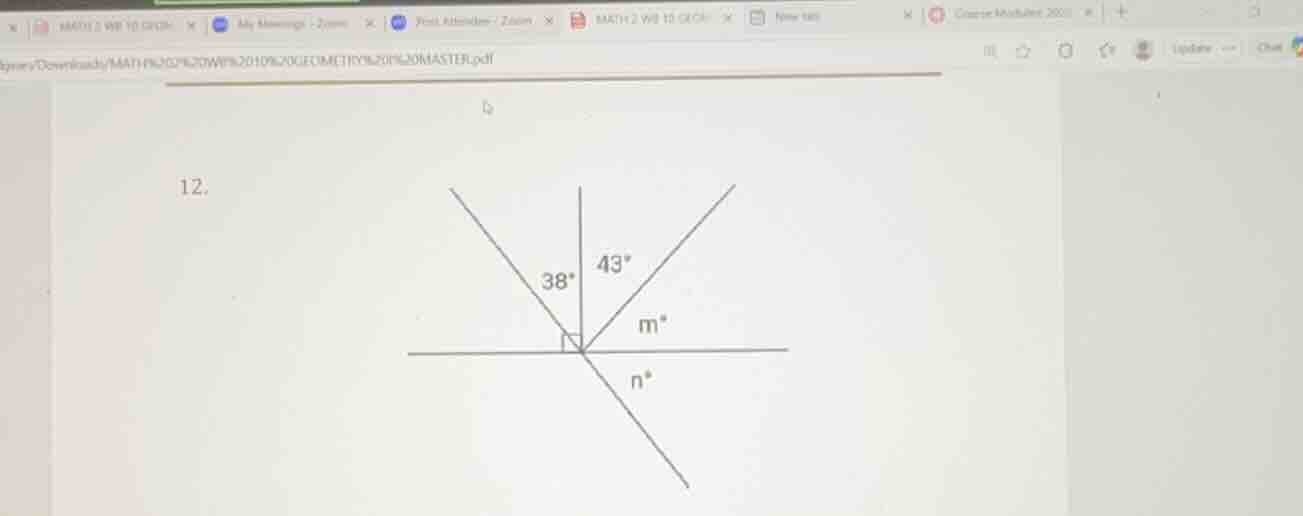 12. (image of angle diagram with 38°, 43°, m°, n° and a right angle)
