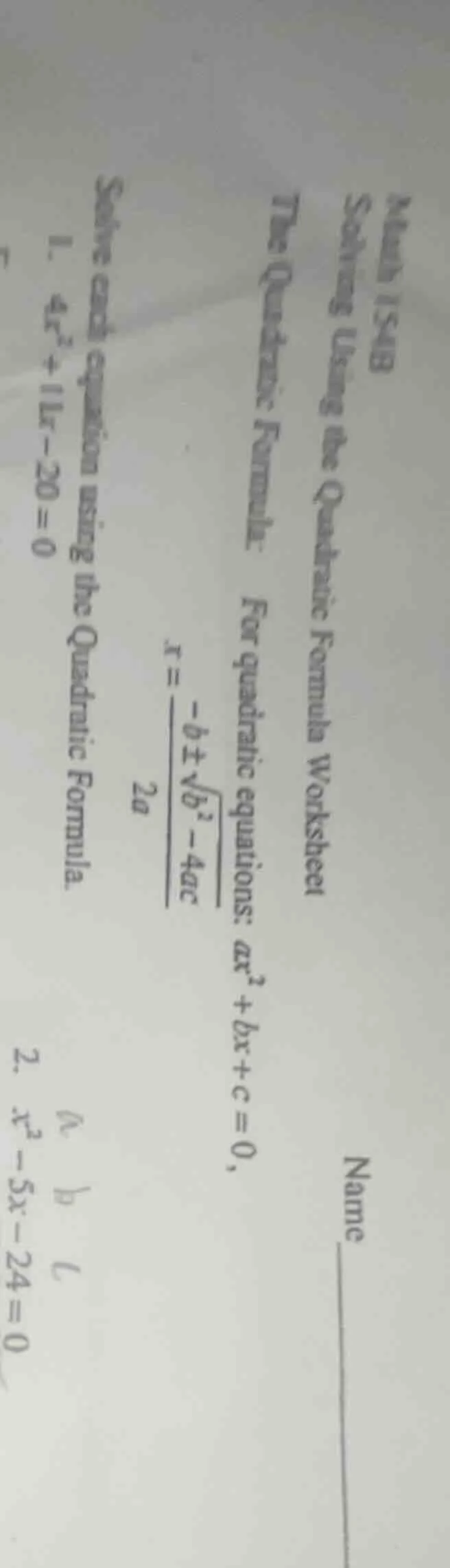 name math 154b solving using the quadratic formula worksheet the quadra…