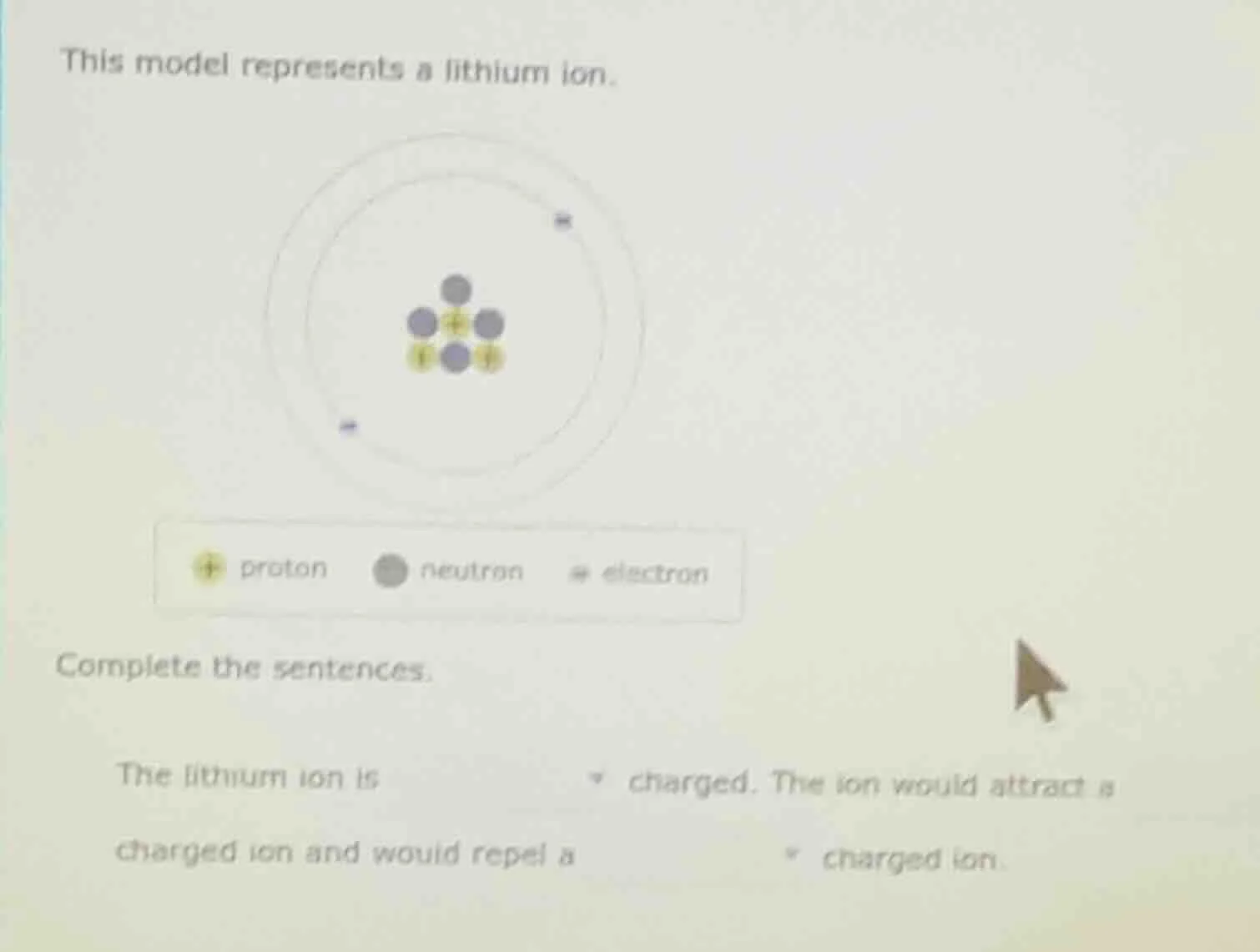 this model represents a lithium ion. complete the sentences. the lithiu…