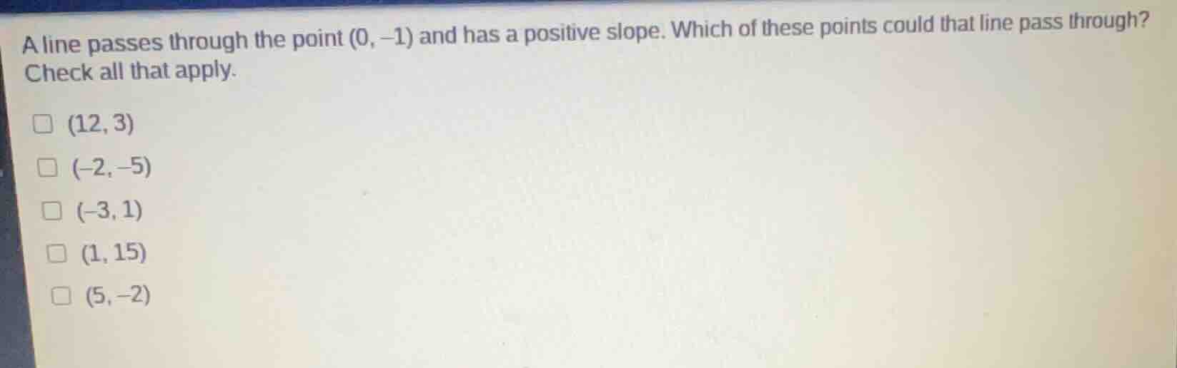 a line passes through the point (0, -1) and has a positive slope. which…