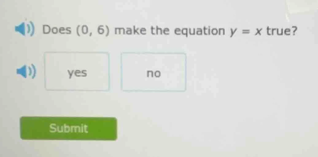 does (0, 6) make the equation y = x true? yes no submit