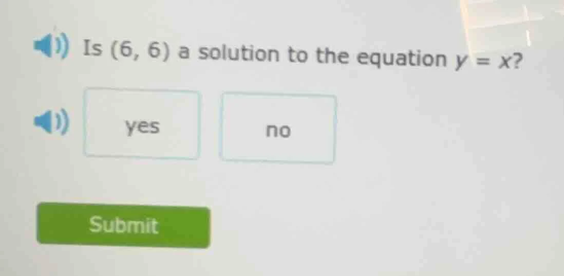 is (6, 6) a solution to the equation $y = x$? yes no submit