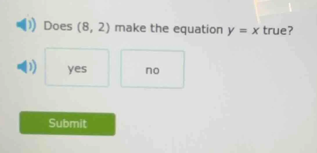 does (8, 2) make the equation y = x true? yes no submit