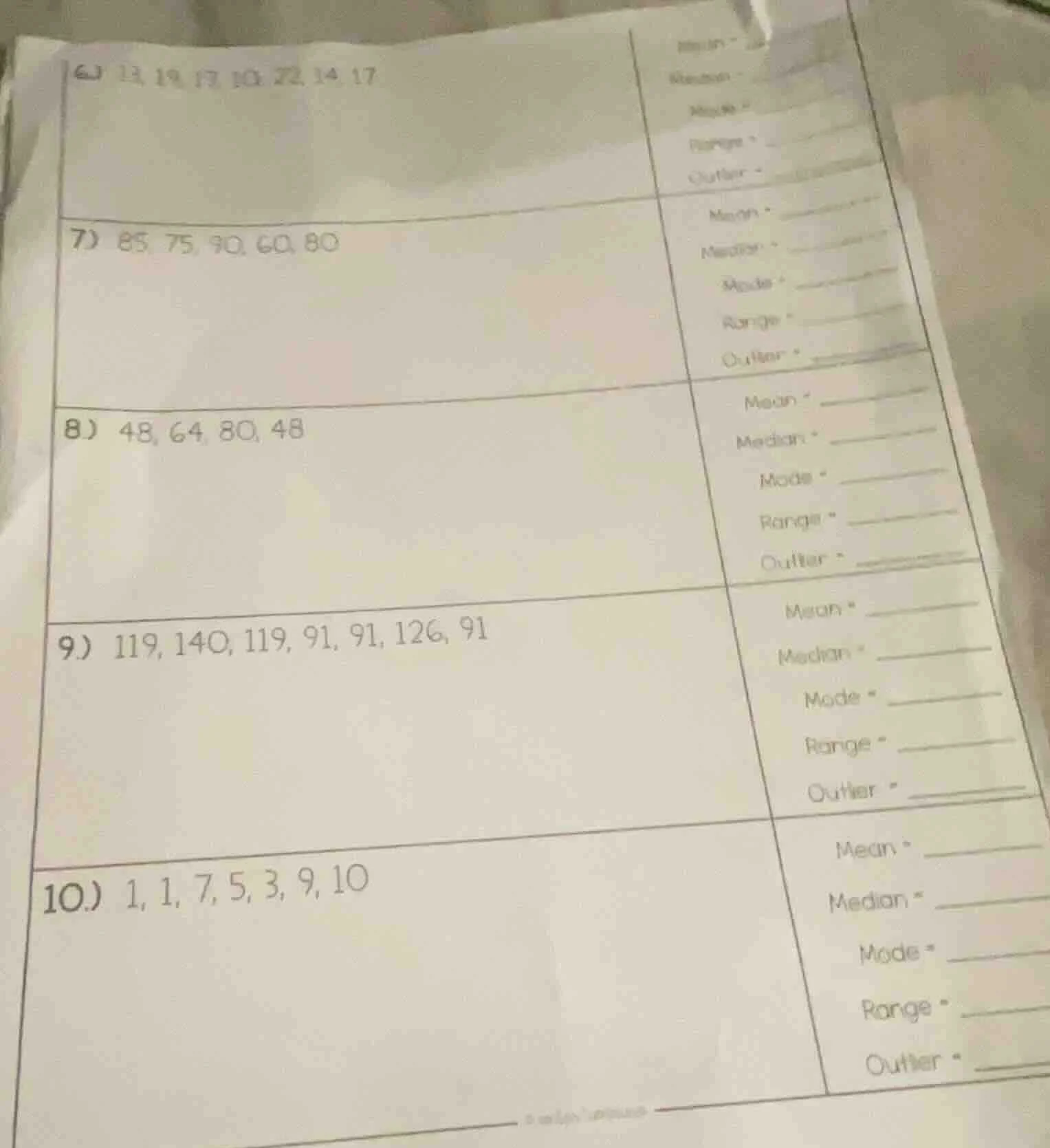 6) 13, 19, 17, 10, 22, 14, 17 mean = median = mode = range = outlier = …