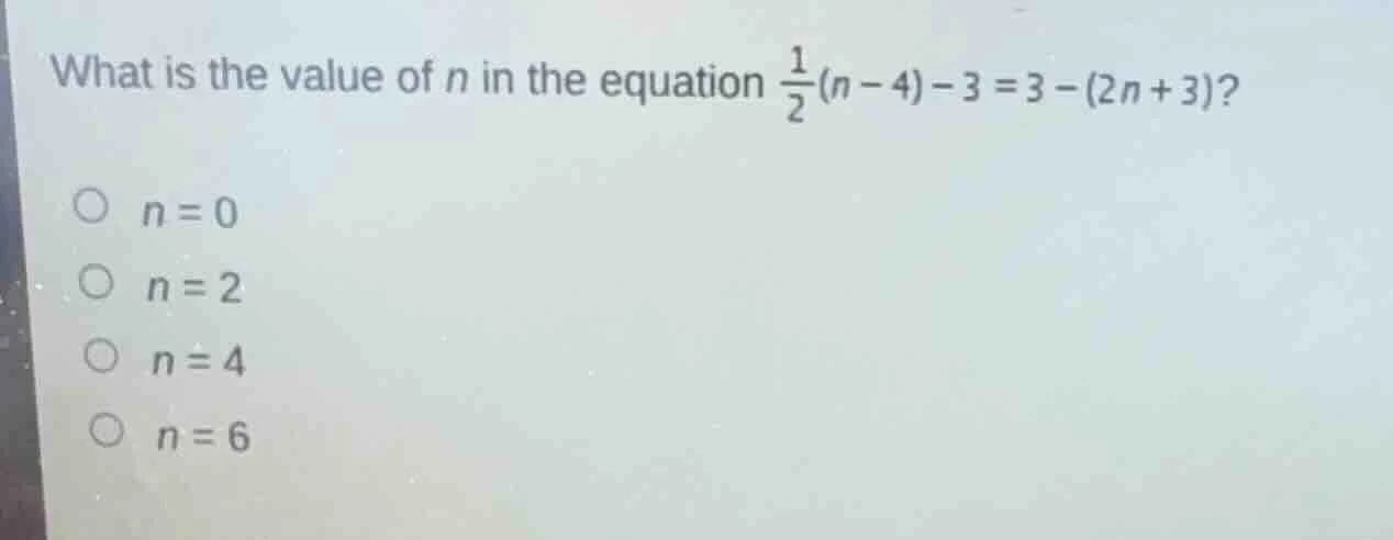 what is the value of n in the equation \\(\\frac{1}{2}(n - 4) - 3 = 3 -…