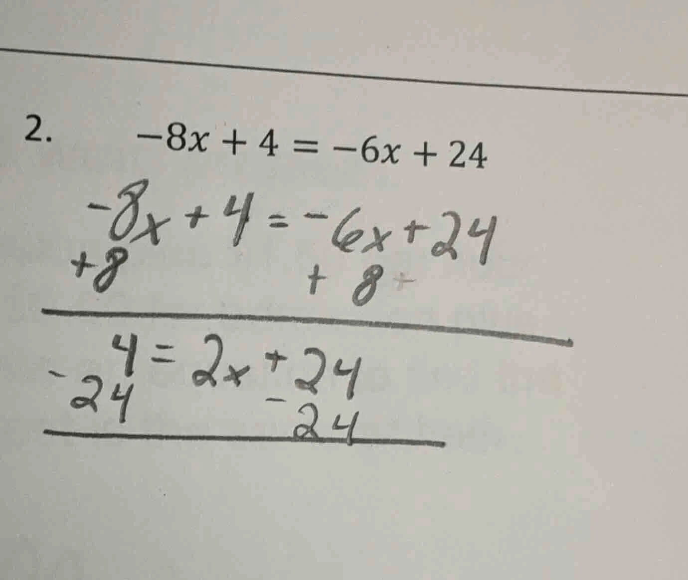 2. \\(-8x + 4 = -6x + 24\\)