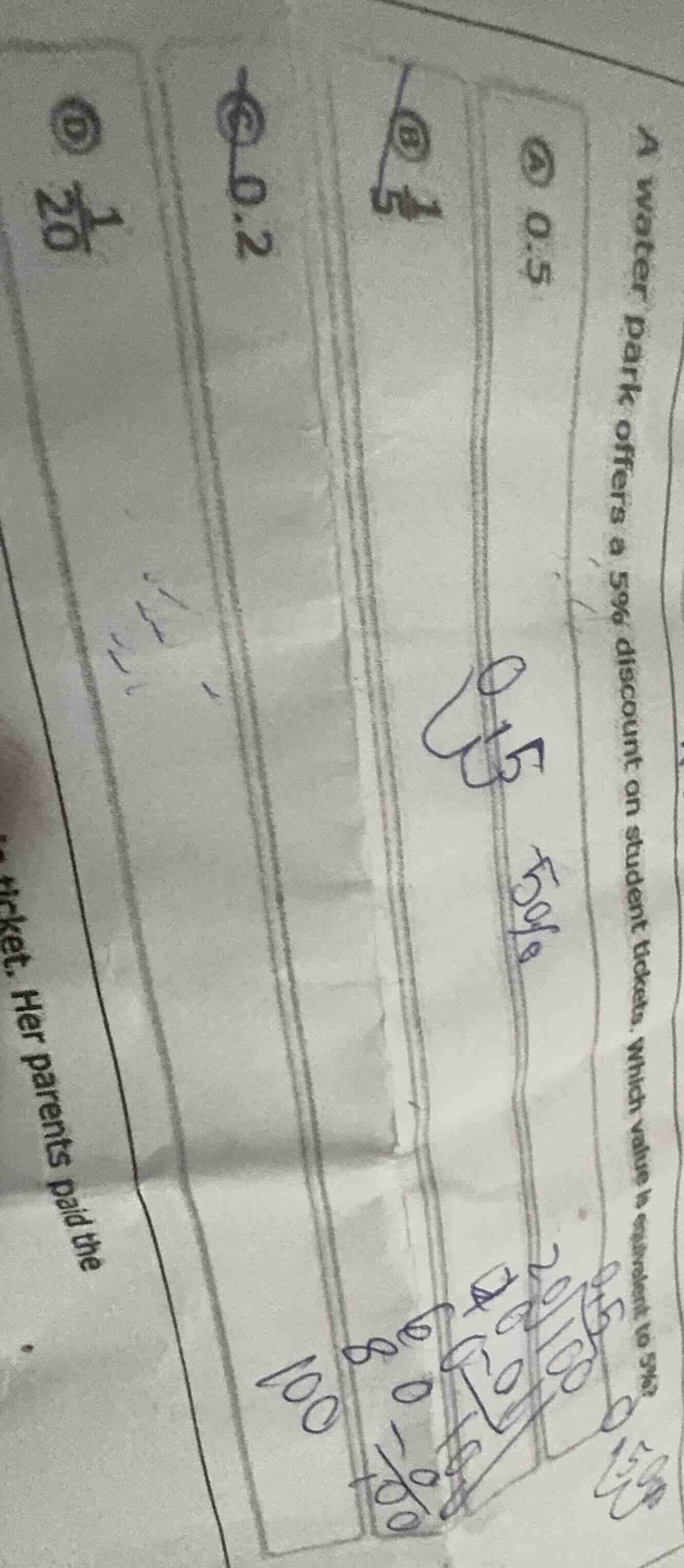 a water park offers a 5% discount on student tickets. which value is eq…