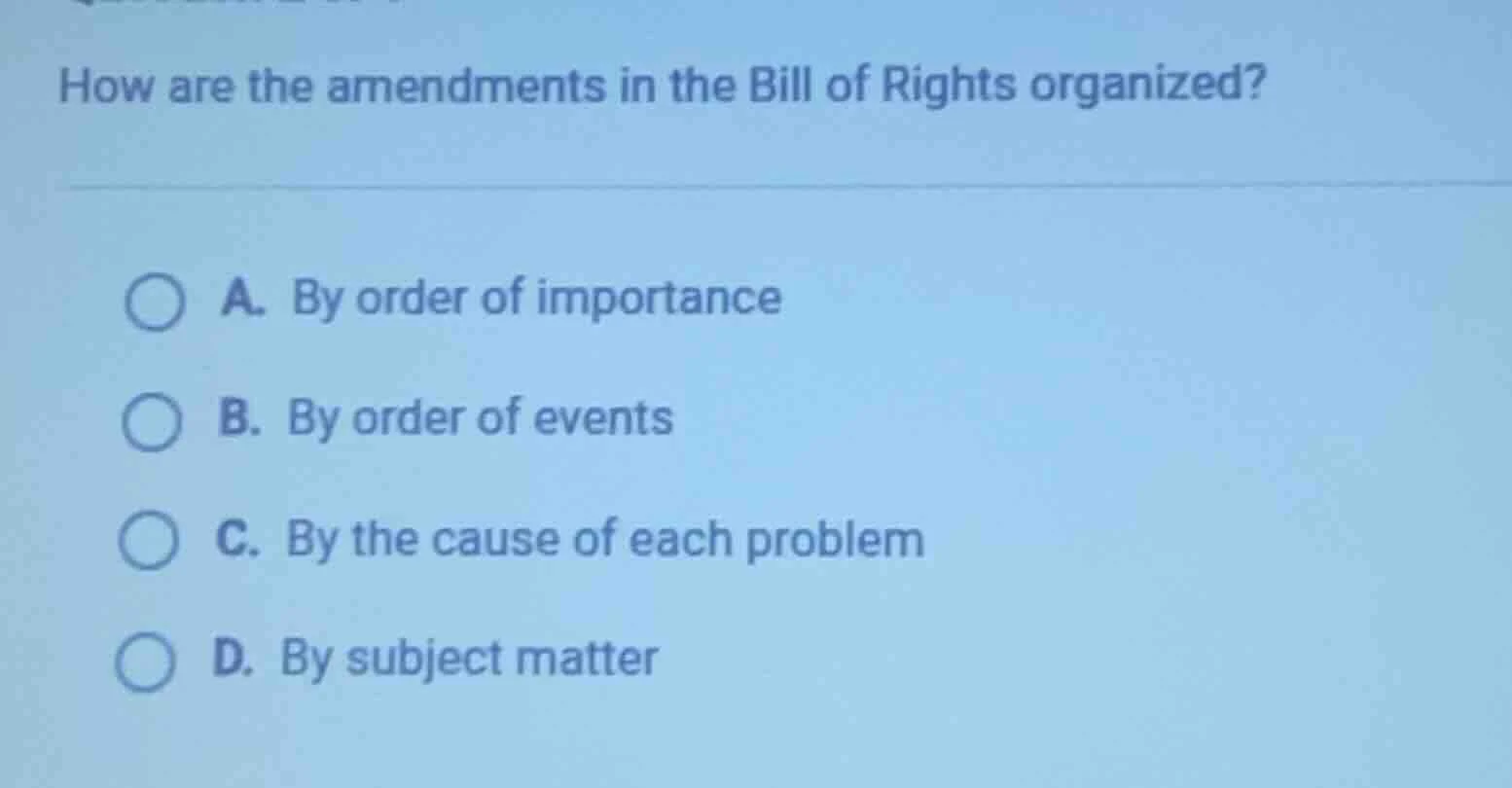 how are the amendments in the bill of rights organized? a. by order of …