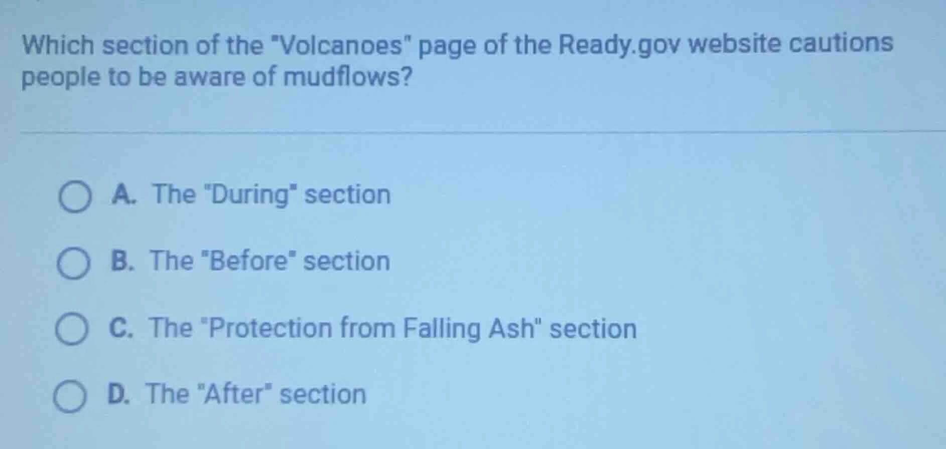 which section of the \volcanoes\ page of the ready.gov website cautions…