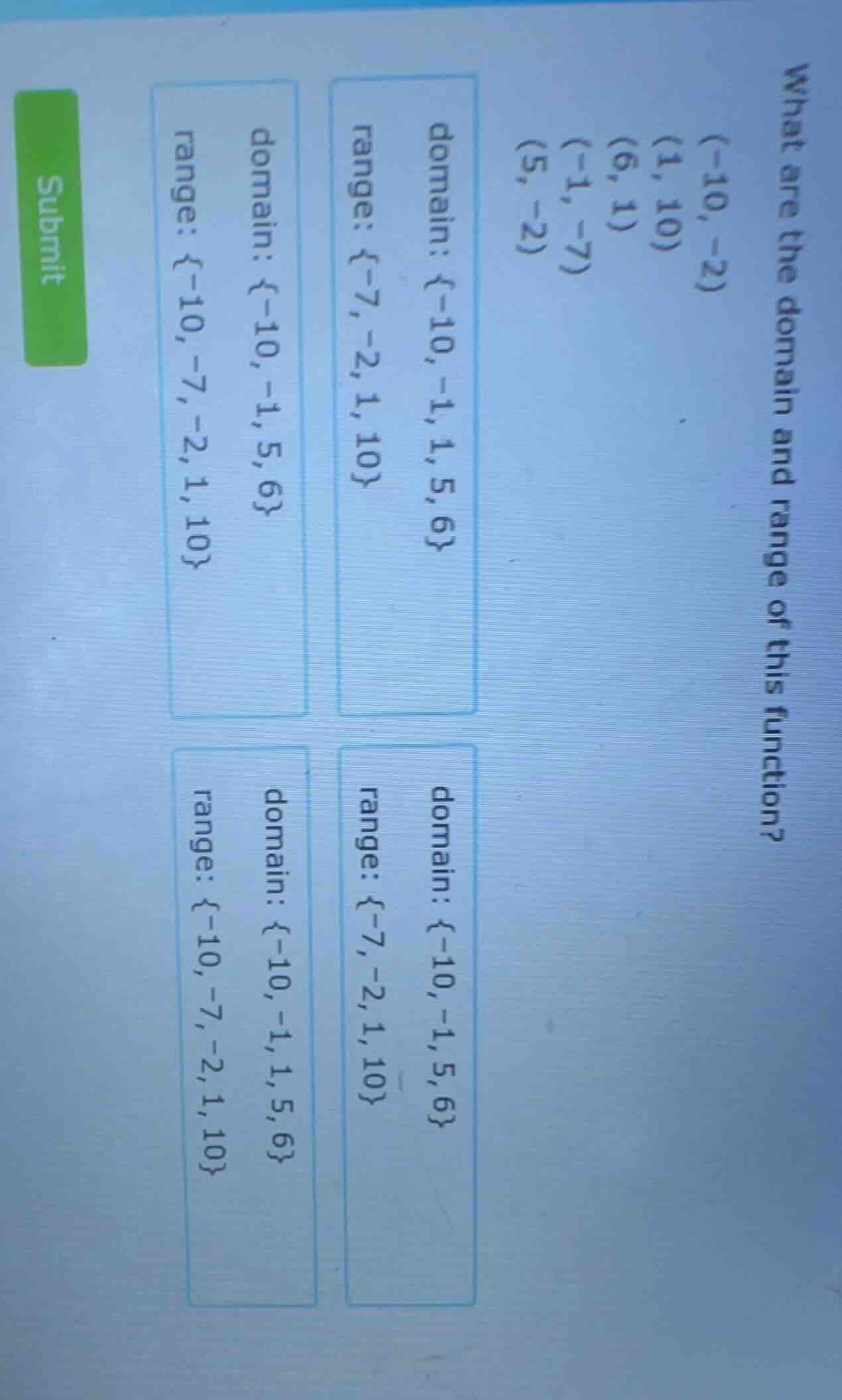 what are the domain and range of this function?\\ $(-10, -2)$\\ $(1, 10…