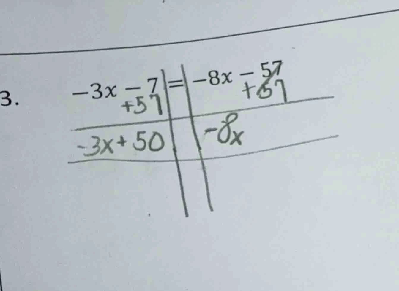 3. $-3x - 7 = -8x - 57$ (with some handwritten additions like +57 on bo…