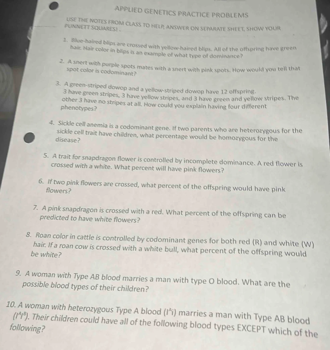 applied genetics practice problems use the notes from class to help, an…