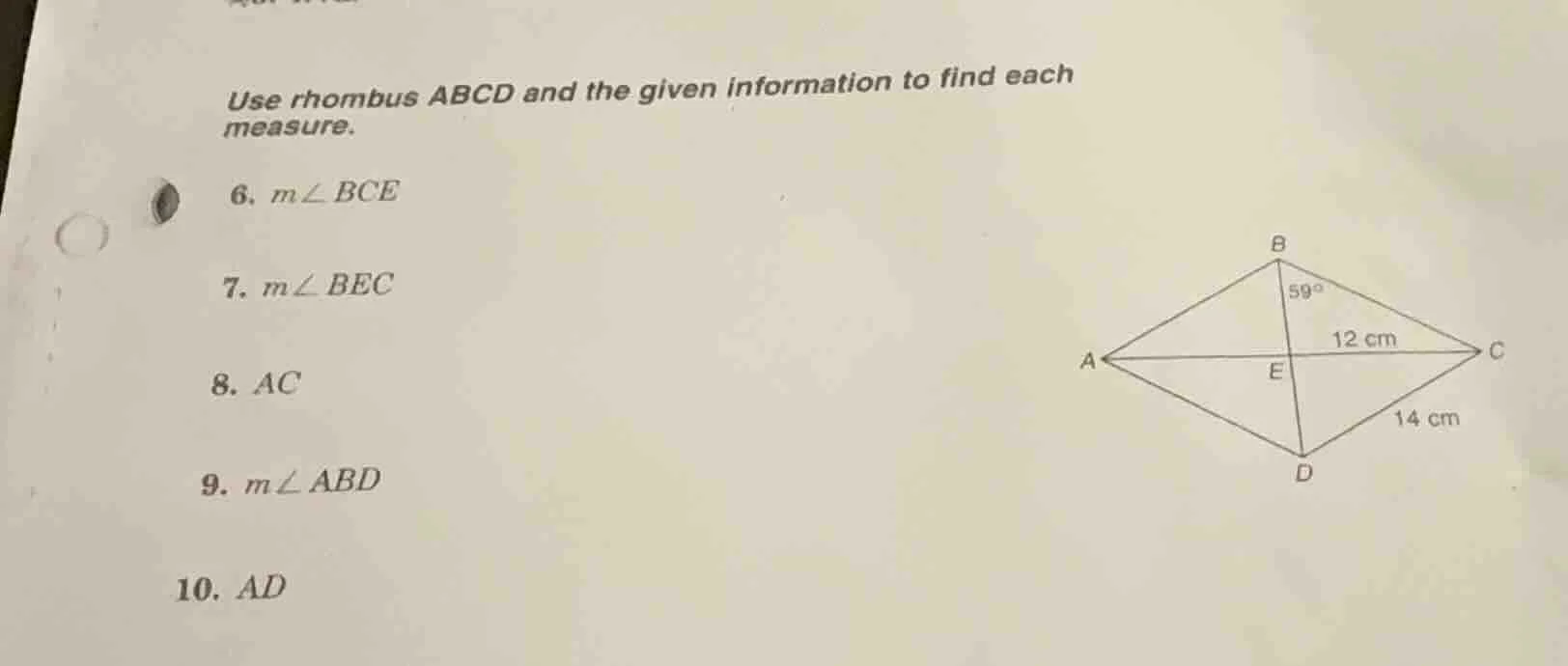 use rhombus abcd and the given information to find each measure. 6. ( m…