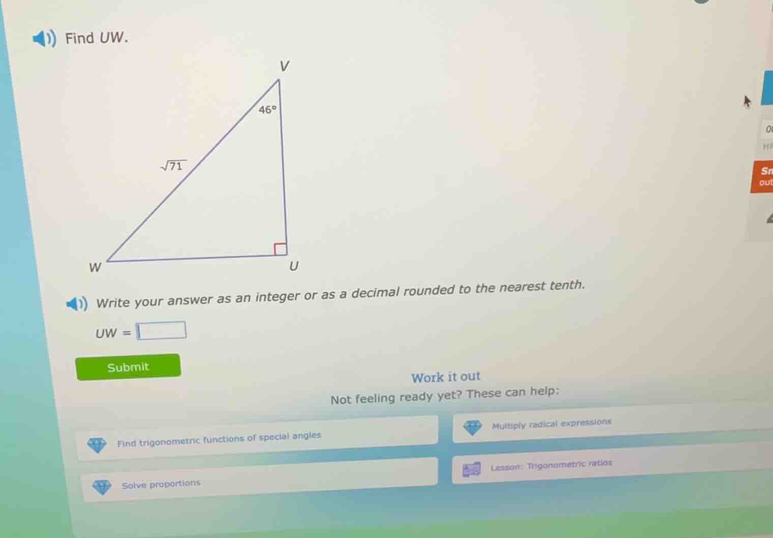 find uw. (there is a right triangle vuw with right angle at u, angle at…