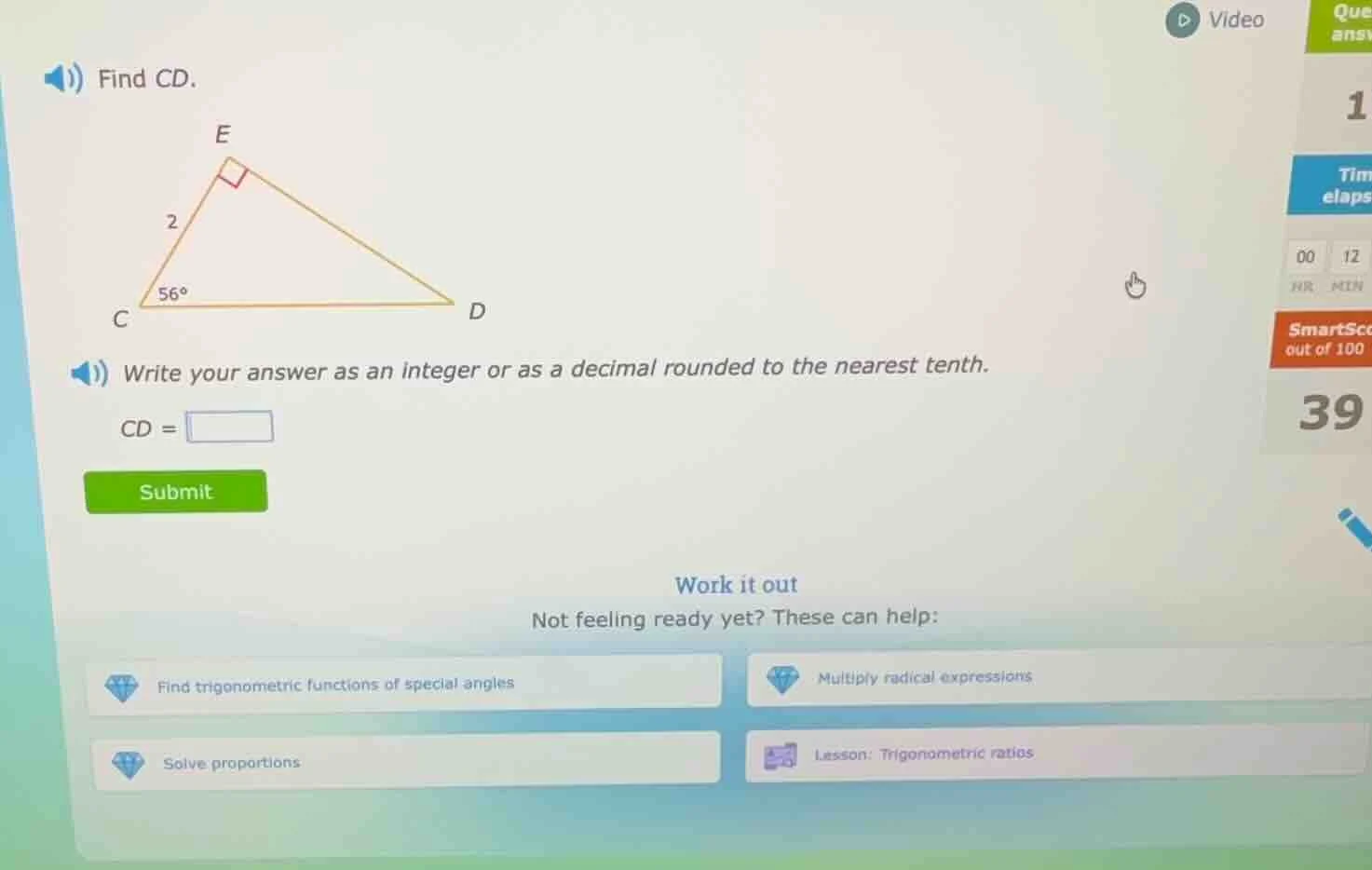 find cd. (there is a right triangle ced with right angle at e, ce = 2, …