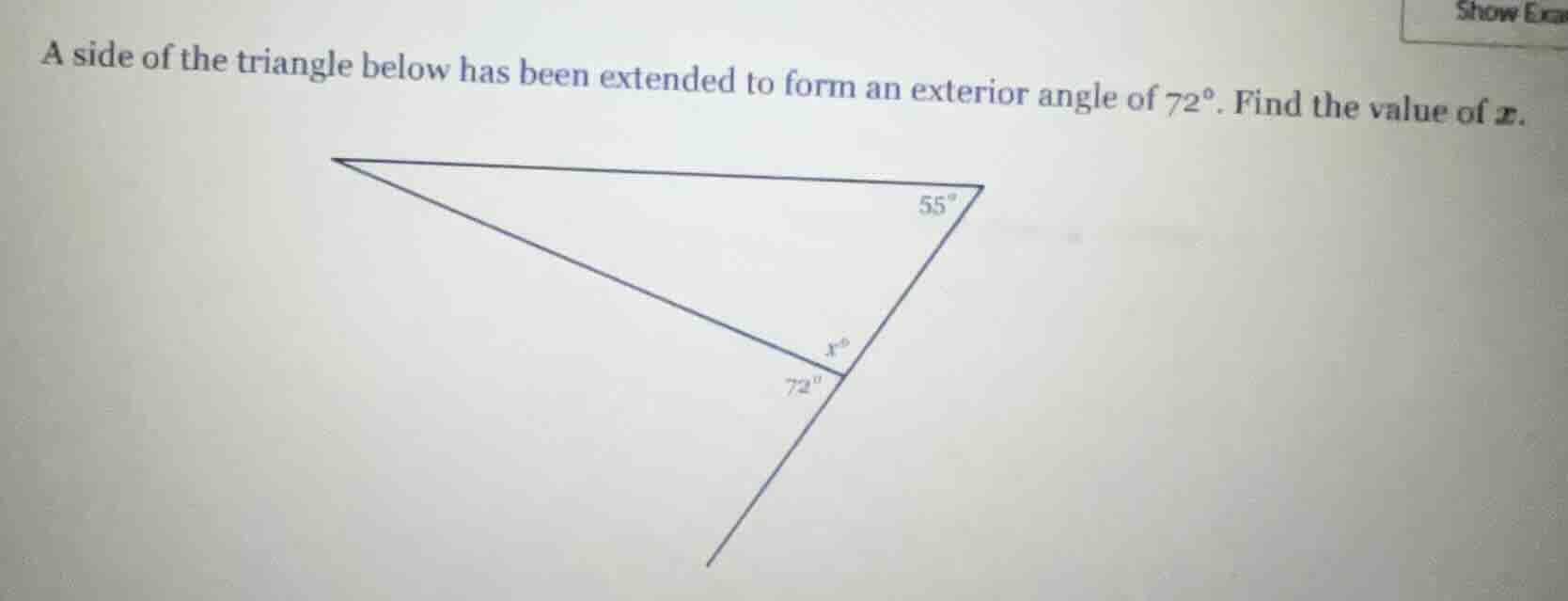 a side of the triangle below has been extended to form an exterior angl…