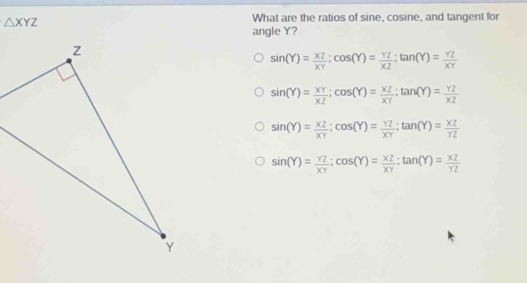 △xyz what are the ratios of sine, cosine, and tangent for angle y? ○ $s…