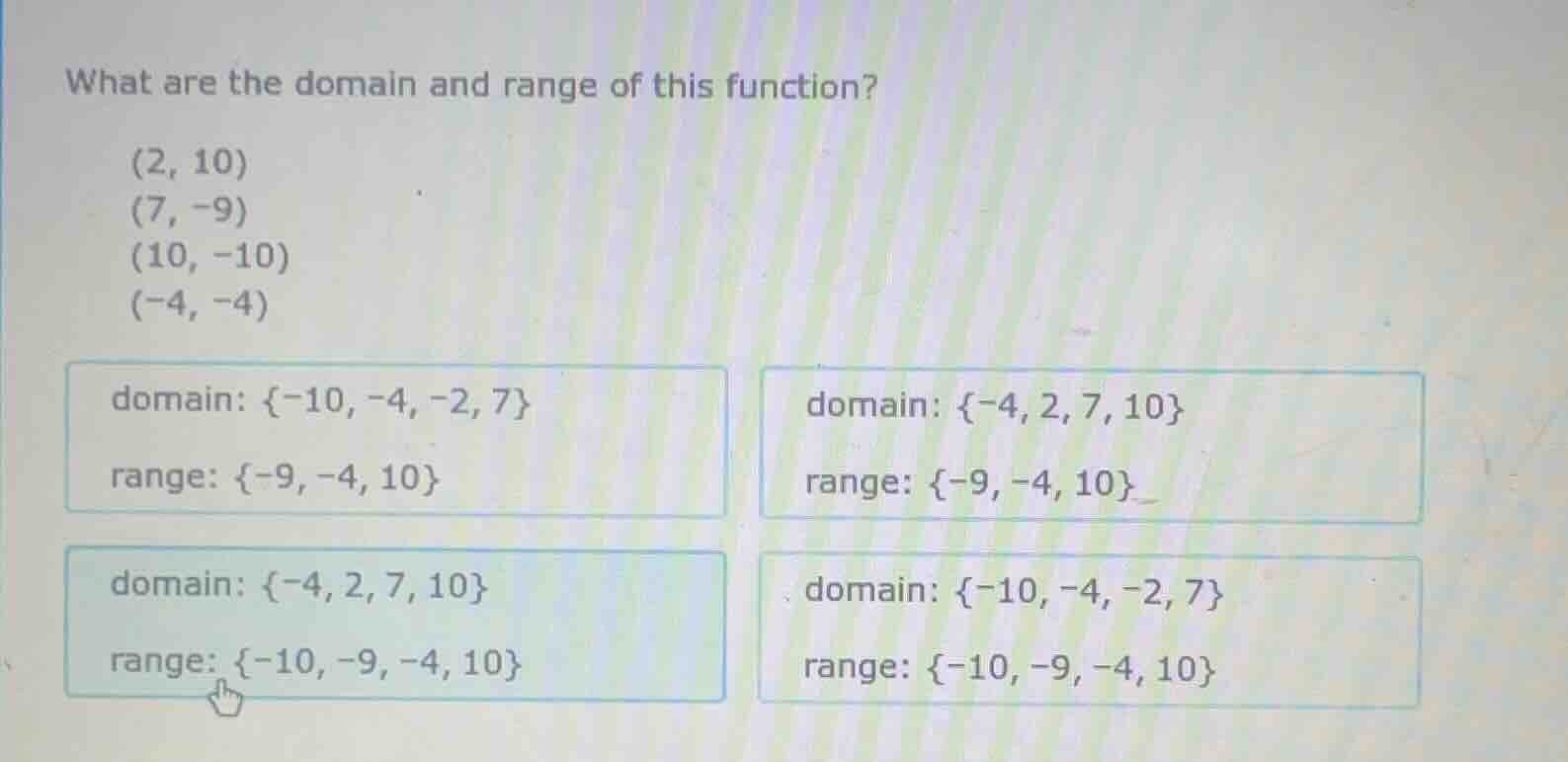 what are the domain and range of this function? (2, 10) (7, -9) (10, -1…